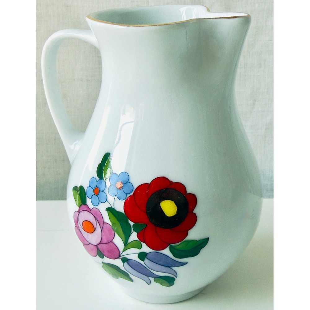 Vintage Kalocsa Hungary Hand-painted Porcelain Pitcher Folk Art Floral Gold Trim - Picture 4 of 12